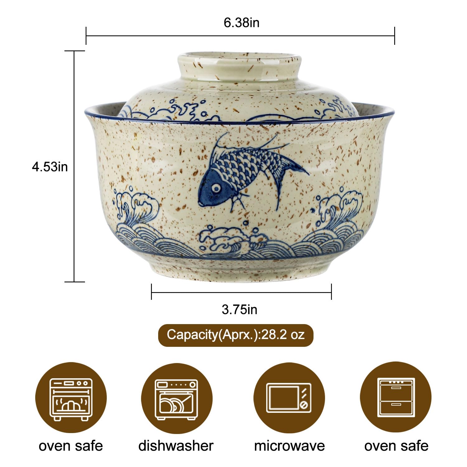 VanEnjoy Microwavable Ramen Bowl with Lid, 25 Oz Japanese Bowl Big Ceramic Japanese Soup Bowl with Lid, Korean Clay Pot - fish