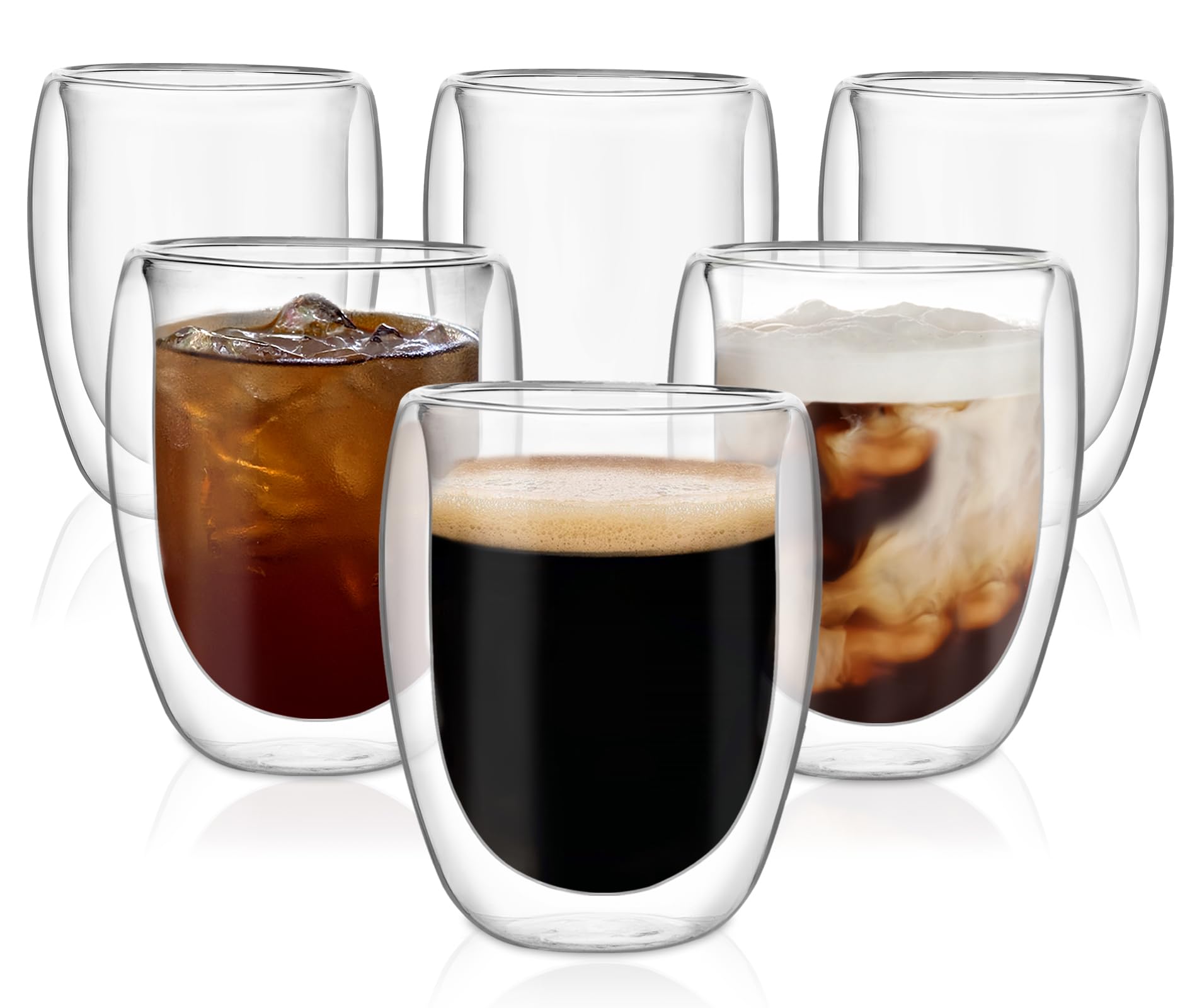 Moretoes Double Walled Glass Coffee Mugs, 6pcs 12oz Clear Cup with Insulated Layer for Latte, Cappuccino, Ice Tea, Hot Beverage