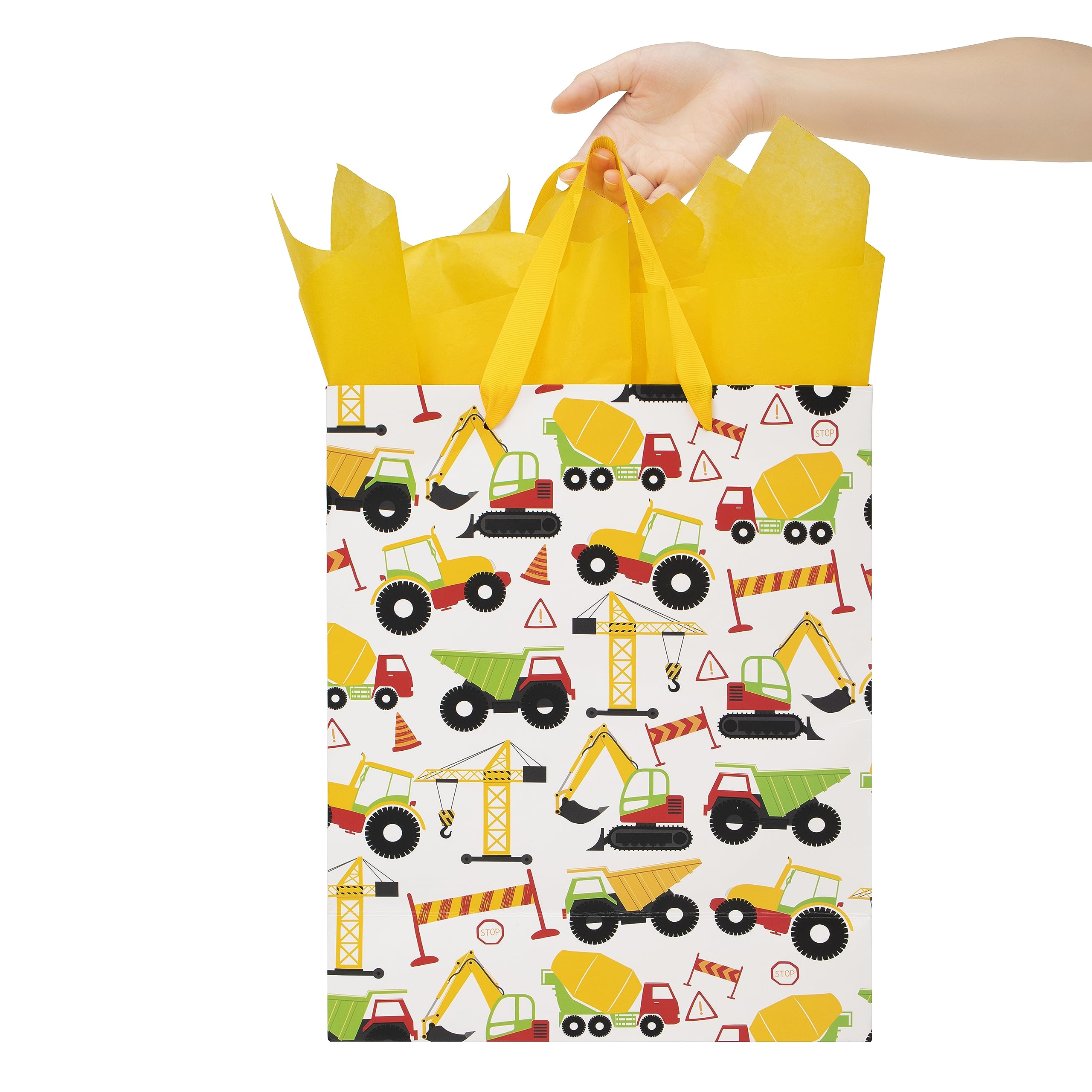 13" Large Construction Vehicle Gift Bags Set with Greeting Card and Tissue Paper (Yellow Car Design) for boys, Construction Kids Birthday Party, Baby boy, Baby Shower, Truck, Newborn -10.2”x5.2”x13”, 1 Pcs