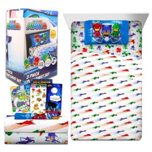 pj masks bedding set toddler bed - bundle with pj masks bed sheets with flat sheet, fitted sheet, and pillowcase for twin bed plus stickers, more | pj masks sheets twin