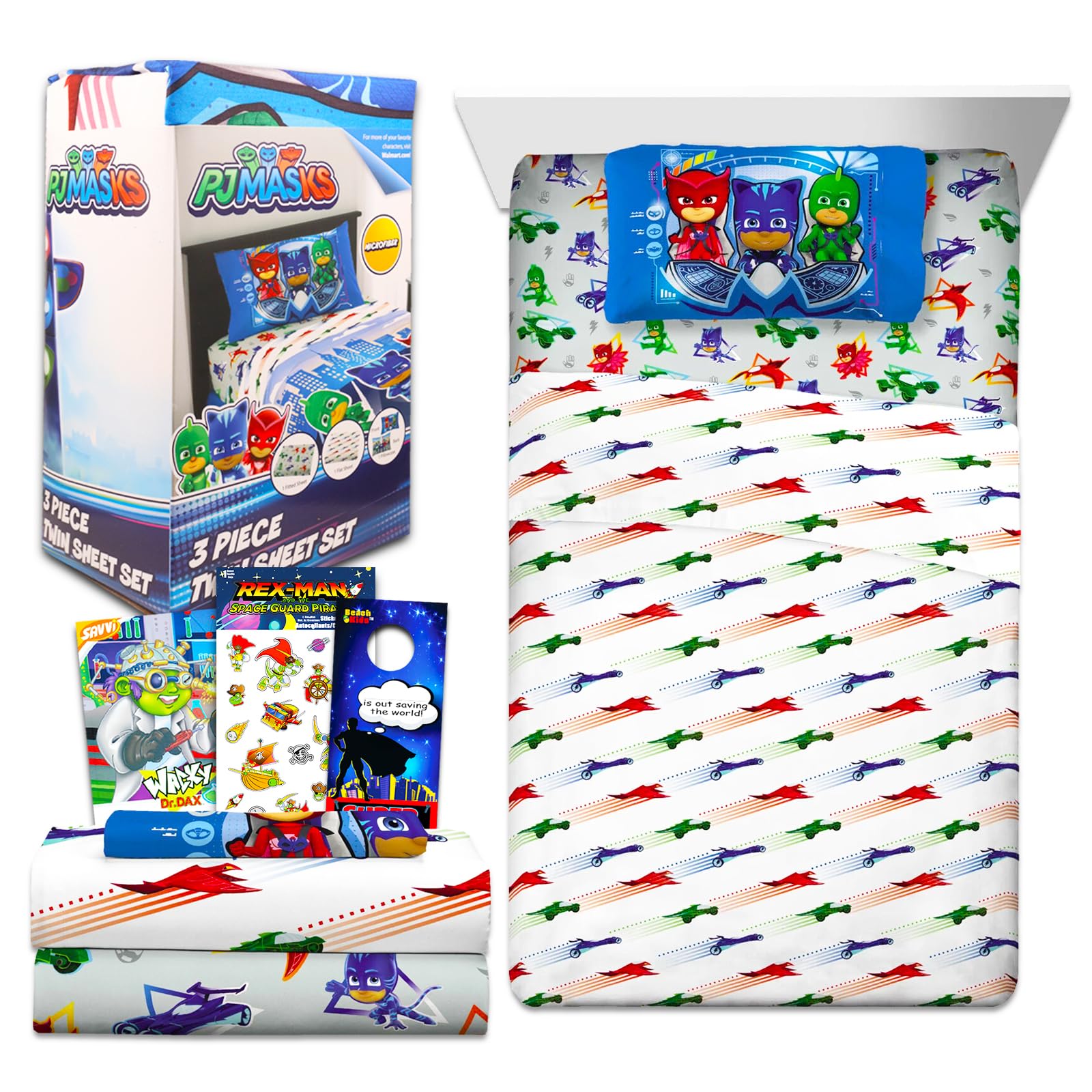 PJ Masks Bedding Set Toddler Bed - Bundle with PJ Masks Bed Sheets with Flat Sheet, Fitted Sheet, and Pillowcase for Twin Bed Plus Stickers, More | PJ Masks Sheets Twin