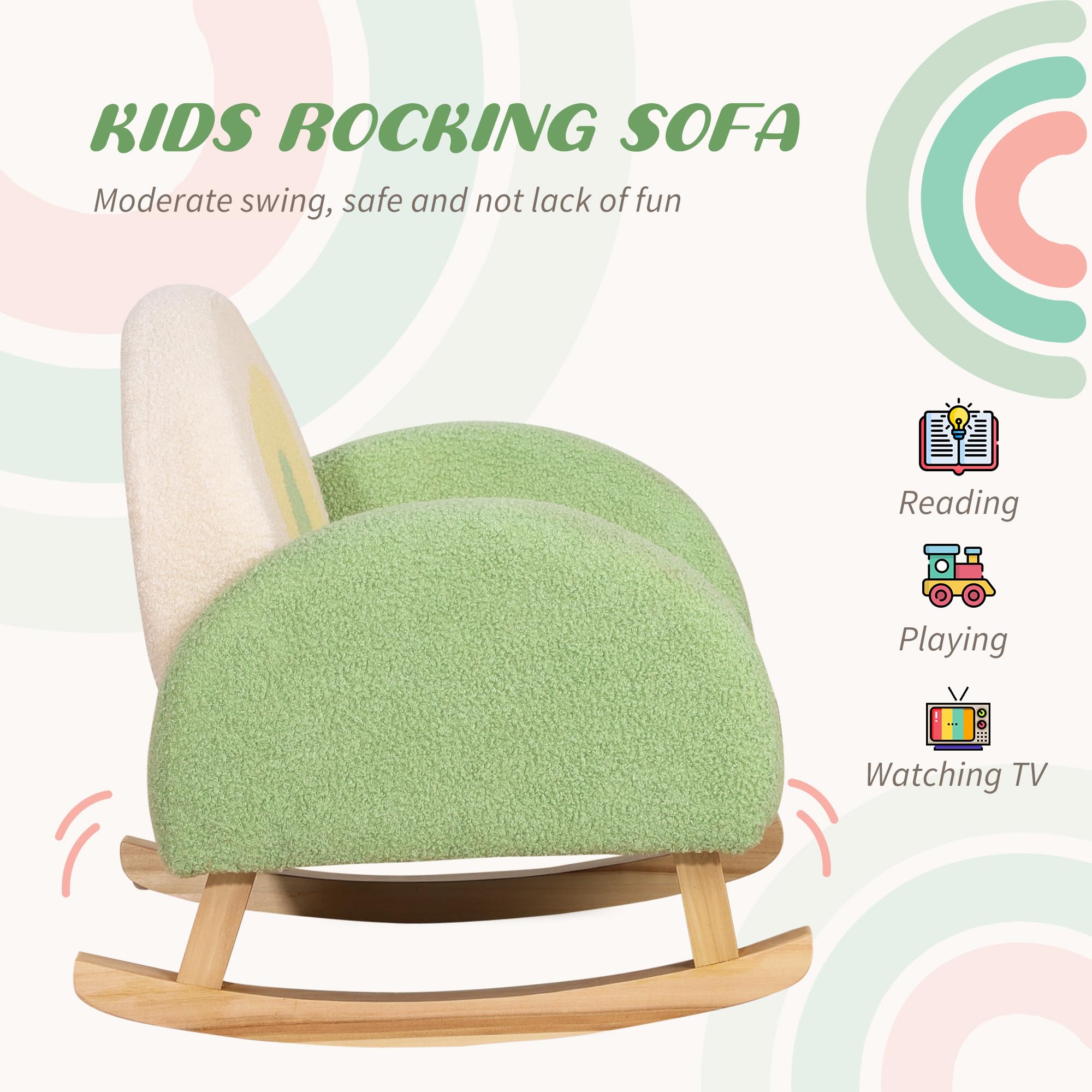 Qaba Kids Sofa, Toddler Rocking Chair with Solid Wooden Frame, Faux Lamb Fleece Fabric, Kids Arm Chair for Nursery or Playroom, Ages 18-36 Months, Green