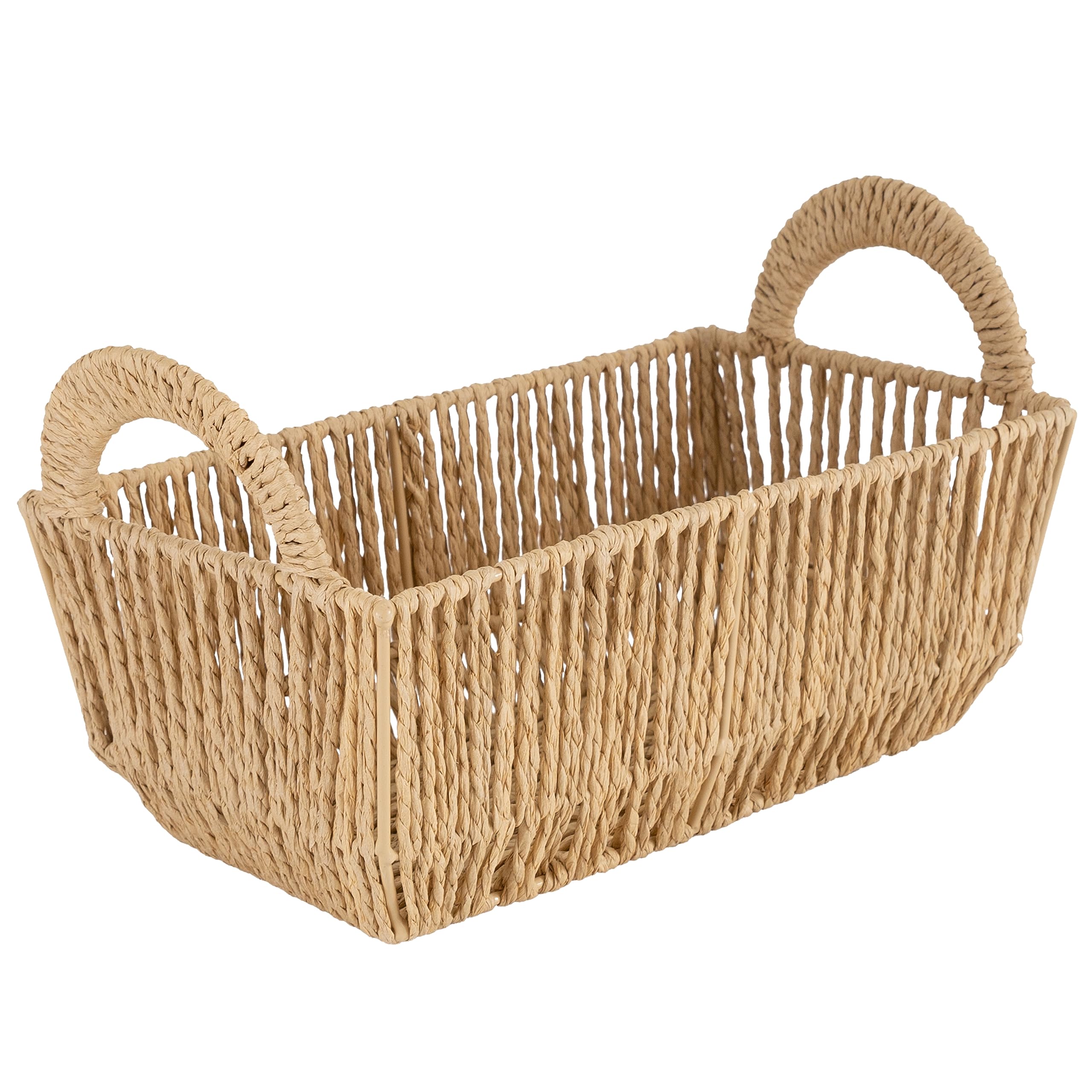 Simplify Small Shelf Storage Basket | Dimensions: 11.4"x 6.5"x4.5" | 2 Carry Handles | Vertical Weave Design | Paper Rope Material | Great for Living Spaces | Great For Storage and Display