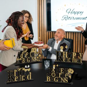 4Pcs Happy Retirment Party Decorations Wooden Table Sign, Black Gold Going Away Wooden Table Centerpieces Party Supplies, Retired Theme Farewell Goodbye Party Table Decor