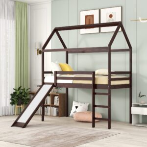 harper & bright designs twin size loft bed with slide, house loft bed with slide, solid wood bed frame for kids girls & boys, espresso