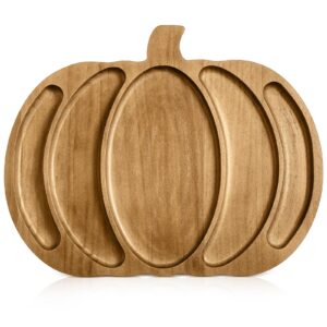 sliner fall harvest large pumpkin wooden serving platter 15x12 in rustic pumpkin snack fruit meat cheese board rustic angle shape charcuterie board sectional dish plate for thanksgiving (walnut color)