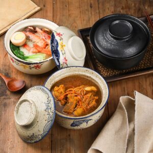 VanEnjoy Microwavable Ramen Bowl with Lid, 25 Oz Japanese Bowl Big Ceramic Japanese Soup Bowl with Lid, Korean Clay Pot - fish