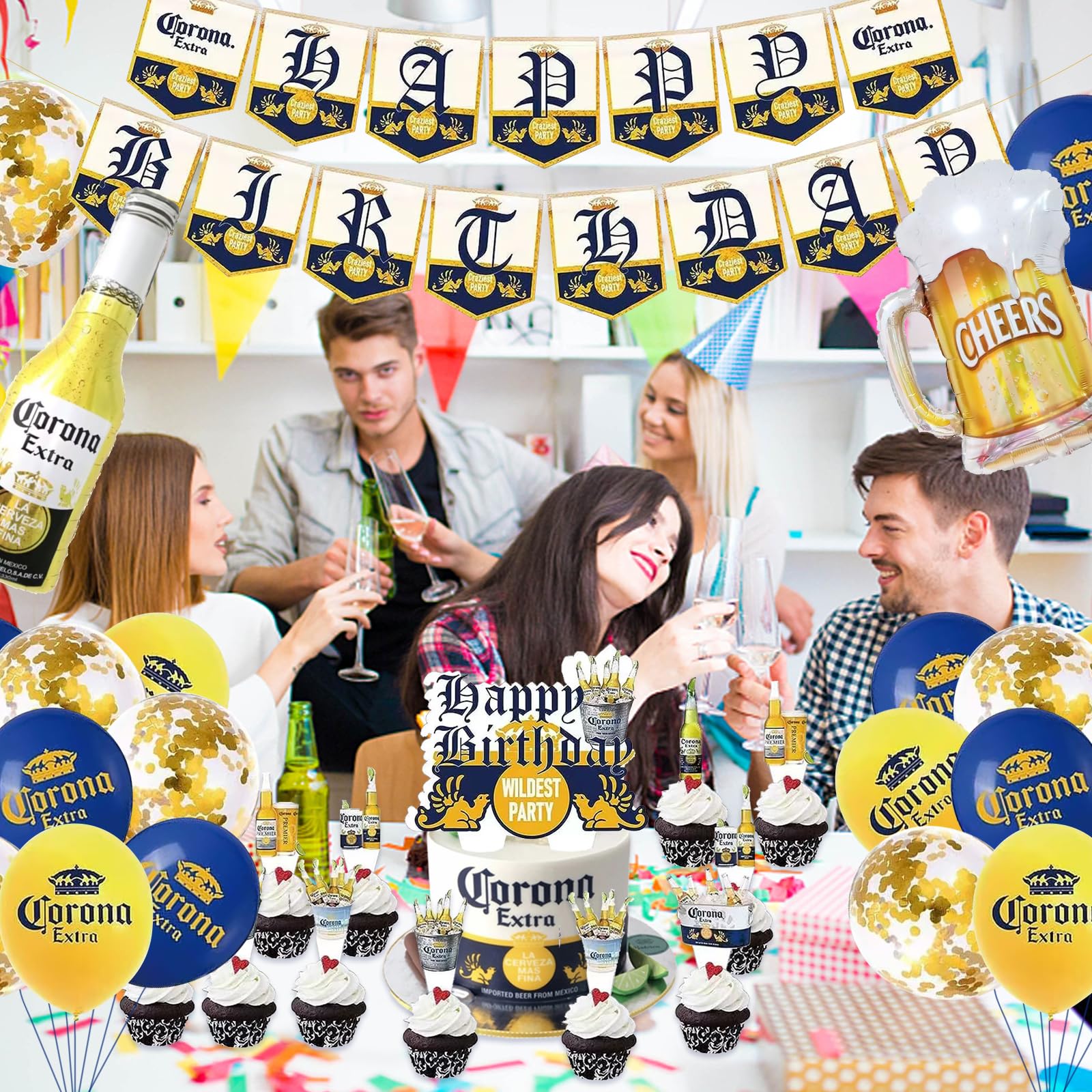 Corona Beer Themed Party, Men Women Boys Girls Birthday Party Balloon Decorations, Include Birthday Happy Banner, Cupcake Decoration, Aluminum Film latex 34 pcs Kit