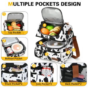 LOKASS Lunch Box for Women-Double Deck Insulated Adults Lunch Bag with Removable Shoulder Strap-Cow Print Cute Wide Open Lunch Tote for Work/Office/Picnic/Beach/Travel