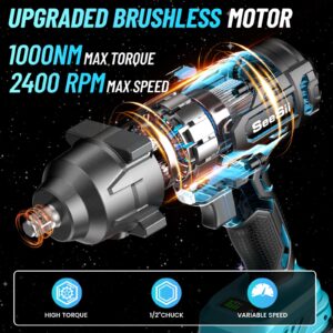 Seesii 1000Nm(738ft-lbs) Cordless Impact Wrench High Torque,1/2" Brushless Impact Gun w/Two 4.0AH Battery,Fast Charger, 5 Sockets & Storage Case, Electric Impact Wrench for Car Truck,WH760