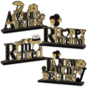 4pcs happy retirment party decorations wooden table sign, black gold going away wooden table centerpieces party supplies, retired theme farewell goodbye party table decor