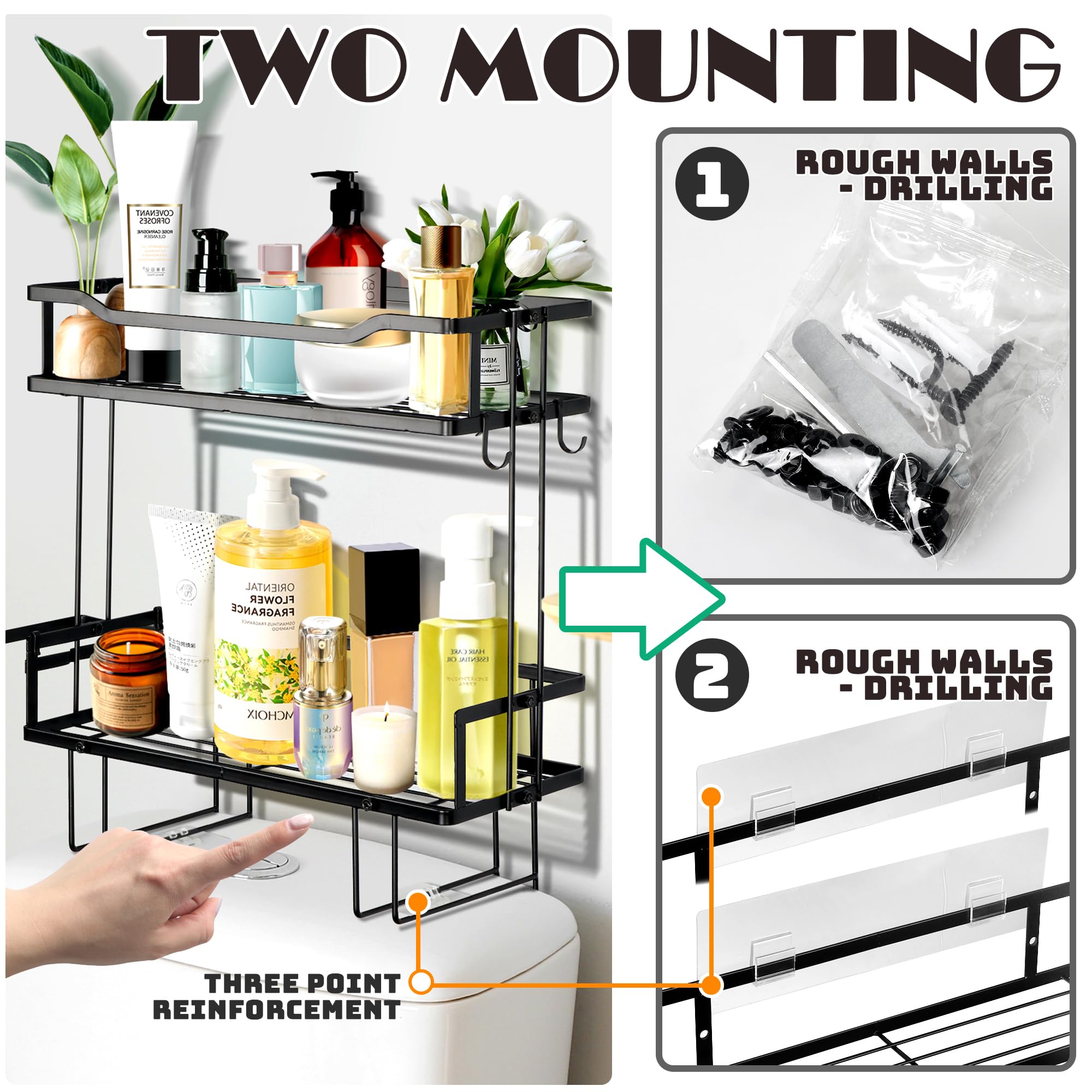 Alytree 2-Tier Toilet Storage Rack, Bathroom Organizers and Storage Over Toilet with Paper Holder, Bathroom Wall Mounted for Space Saver with Non-Trace Adhesive & Nails