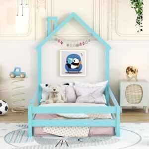 Floor Bed with Rails, Twin Size Montessori Bed with House Shape Headboard and Fence, Wood Floor Bed Frame for Kids Boys Girls, Box Spring Needed, Blue