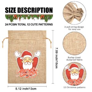 TANGXIA Christmas Small Burlap Bags with Drawstring, Burlap Gift Bags Christmas Linen Treat Sacks Gift Wrapping Bags Xmas Holiday Party Favors Bags(7x5 inch, 24 Pcs)