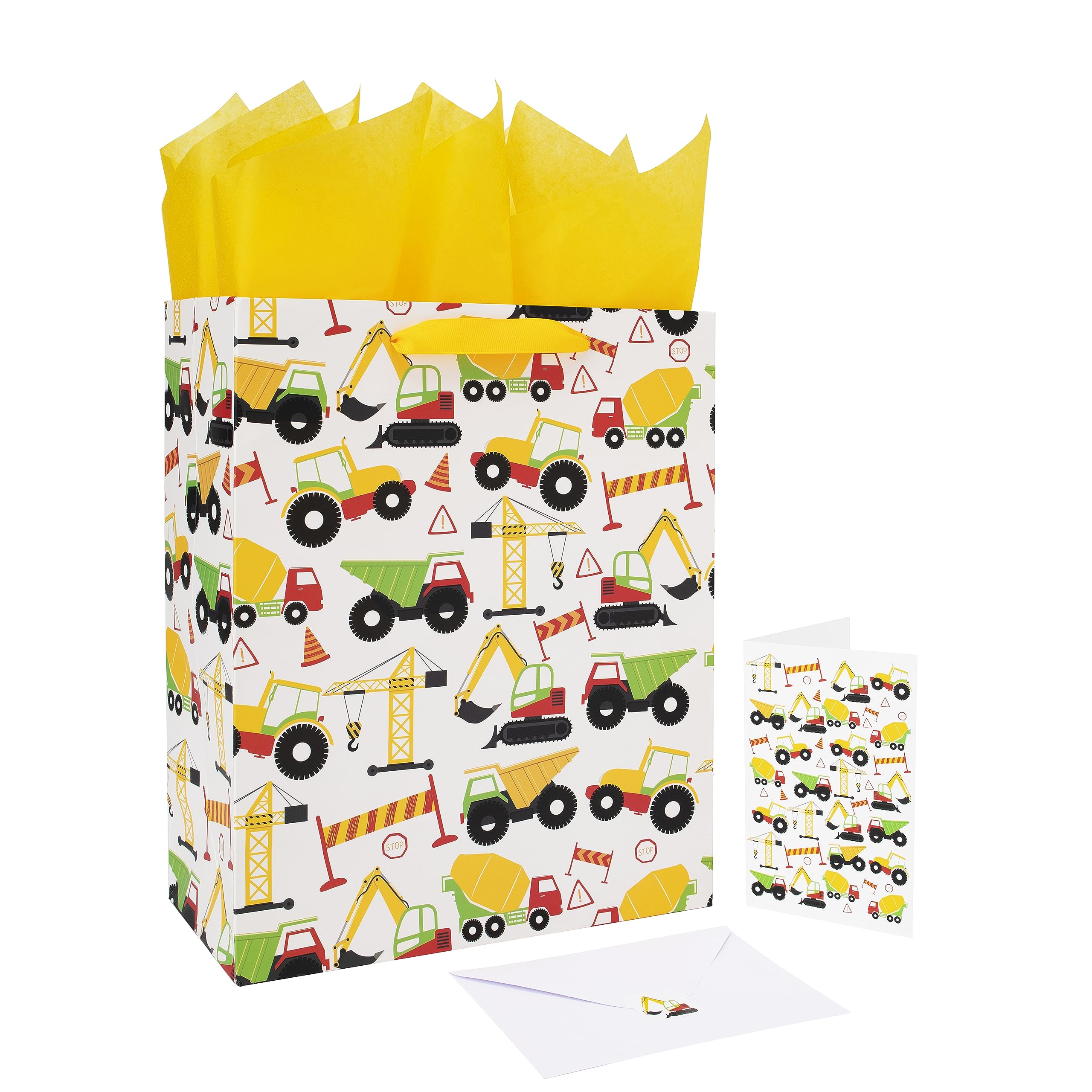 13" Large Construction Vehicle Gift Bags Set with Greeting Card and Tissue Paper (Yellow Car Design) for boys, Construction Kids Birthday Party, Baby boy, Baby Shower, Truck, Newborn -10.2”x5.2”x13”, 1 Pcs