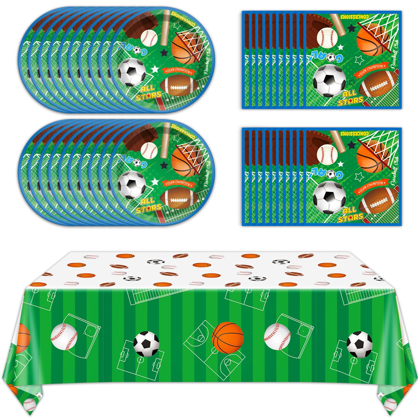 Sports Party Decorations Tableware Set All Star Plates Napkins All Sports Disposable Table Cover Baseball Football Soccer Basketball Dinnerware for Boy Birthday Party Baby Shower Decor Supplies