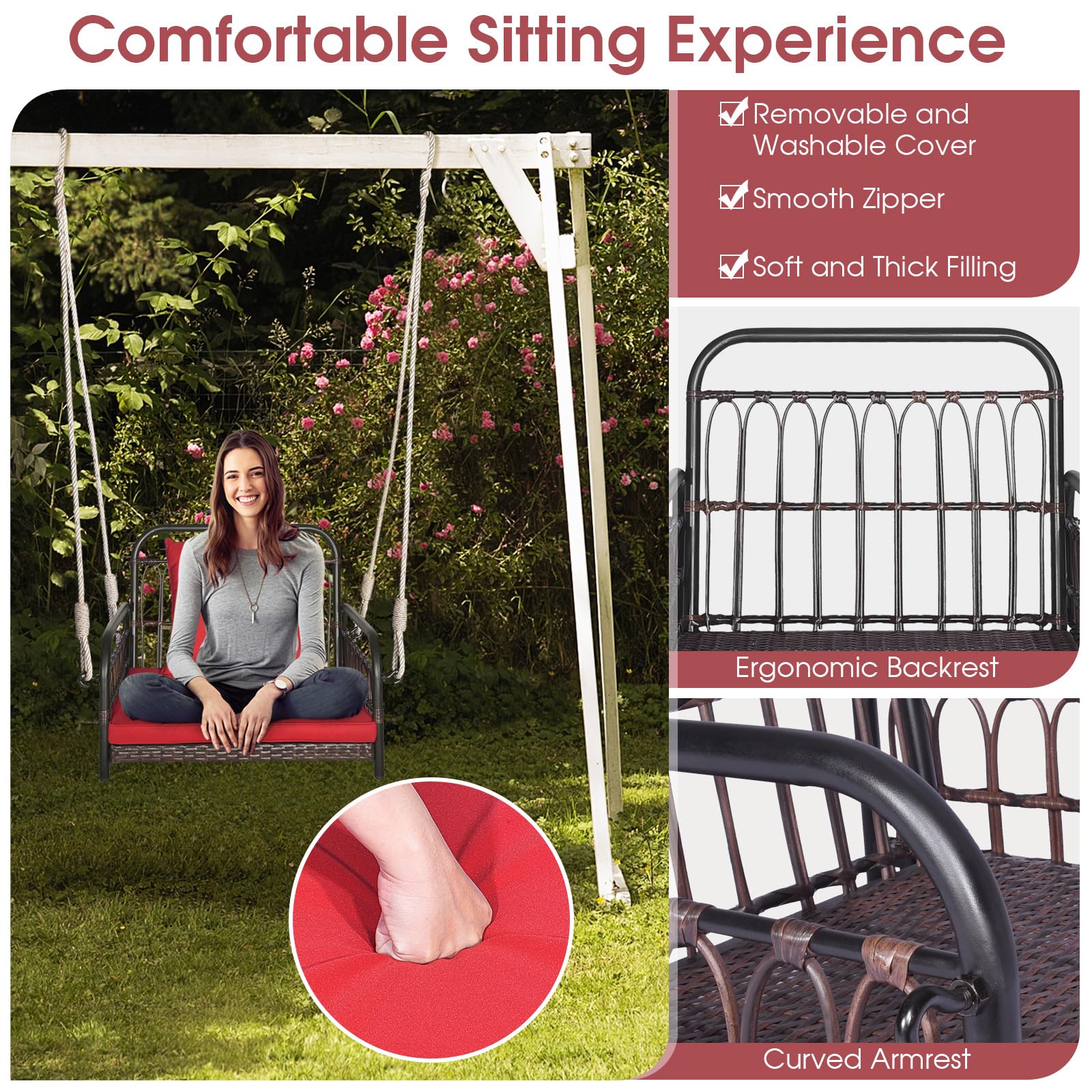 HAPPYGRILL Hanging Porch Swing, Single Person Outdoor Hanging Seat w/Back Cushion & Seat Cushion, Ropes, Porch PE Wicker Swing, Perfect for Garden, Deck, 400 lbs Capacity