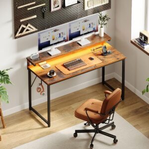 AODK Computer Desk, 48 Inch Gaming Desk with LED Lights and Power Outlet, Office Desk with Adjustable Monitor Shelf (3 Heights), Computer Table Work Desk for Home/Bedroom, Rustic Brown