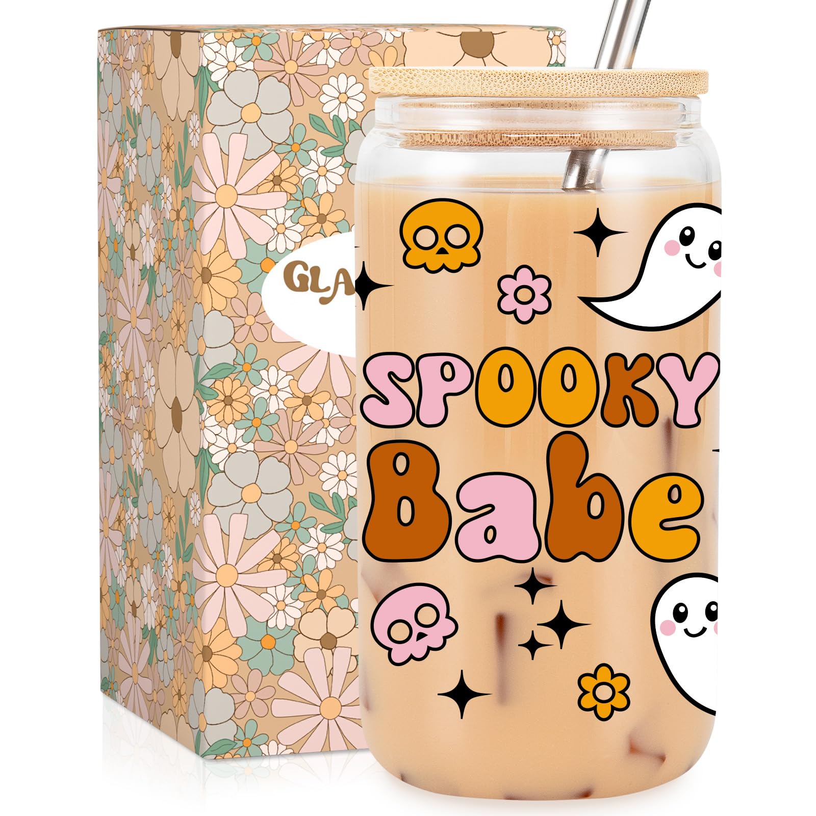 Fairy's Gift Halloween Spooky Cup, Cute Ghost Glass Cup with Lid and Straw, Spooky Babe & Ghost Skulls Halloween Cup, Spooky Ice Coffee Cup - Halloween Gifts, Spooky Gifts for Women, Teens, Her