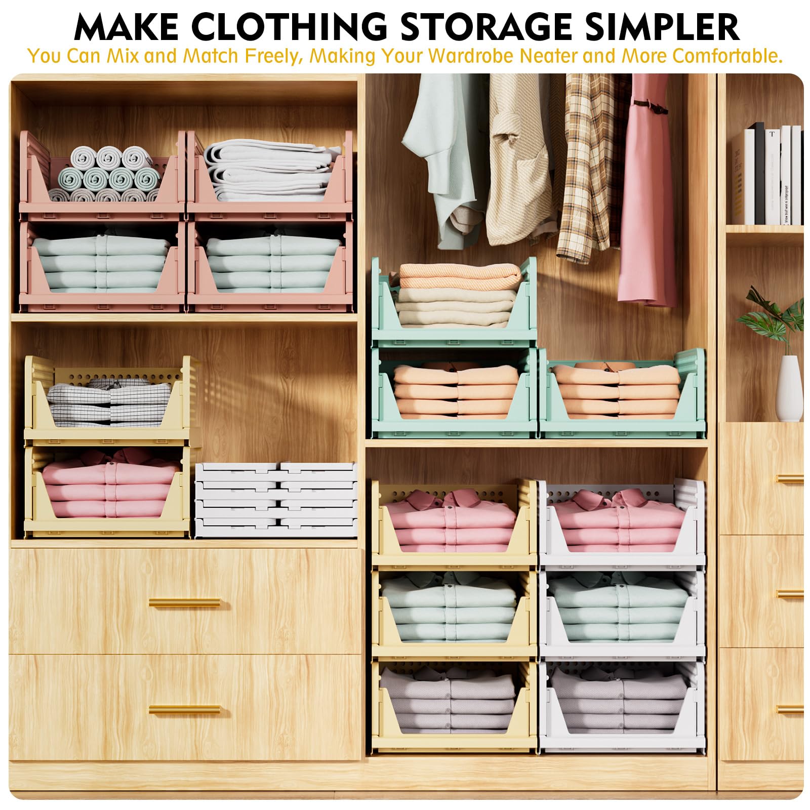 SNSLXH 5 Pack Stackable Closet Organizer Box, Multifunctional & Foldable Closet Storage Basket for Bathroom Kitchen Laundry Room Wardrobe Storage, Space-Saving Clothes Storage Drawer Organizer, White