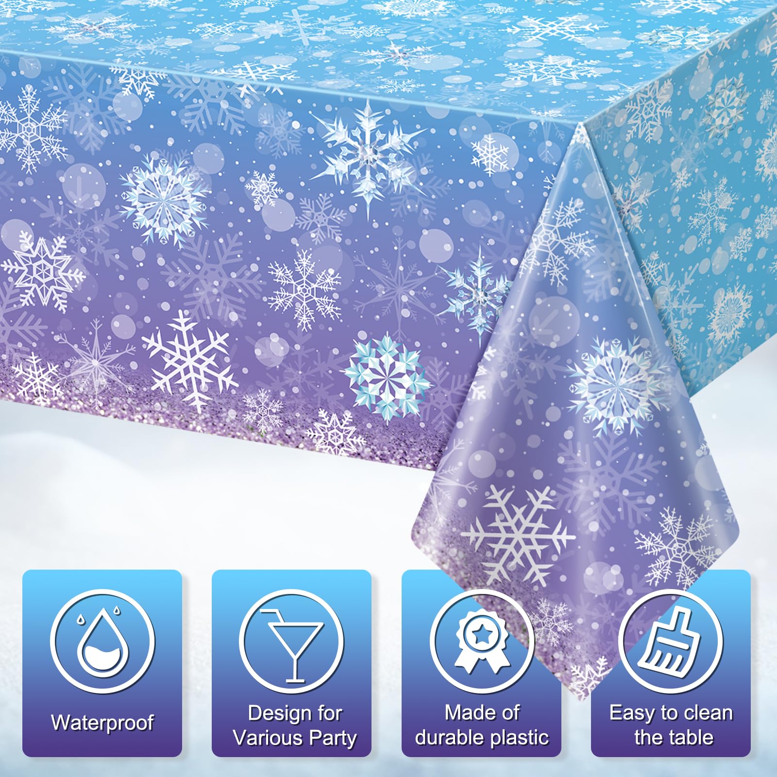 3 Pack Winter Snowflake Plastic Tablecloth Decorations, Blue and Purple Snowflake Winter Wonderland Disposable Table Cover for Christmas Winter Holiday New Year Party Supplies Decorations, 54x108 Inch