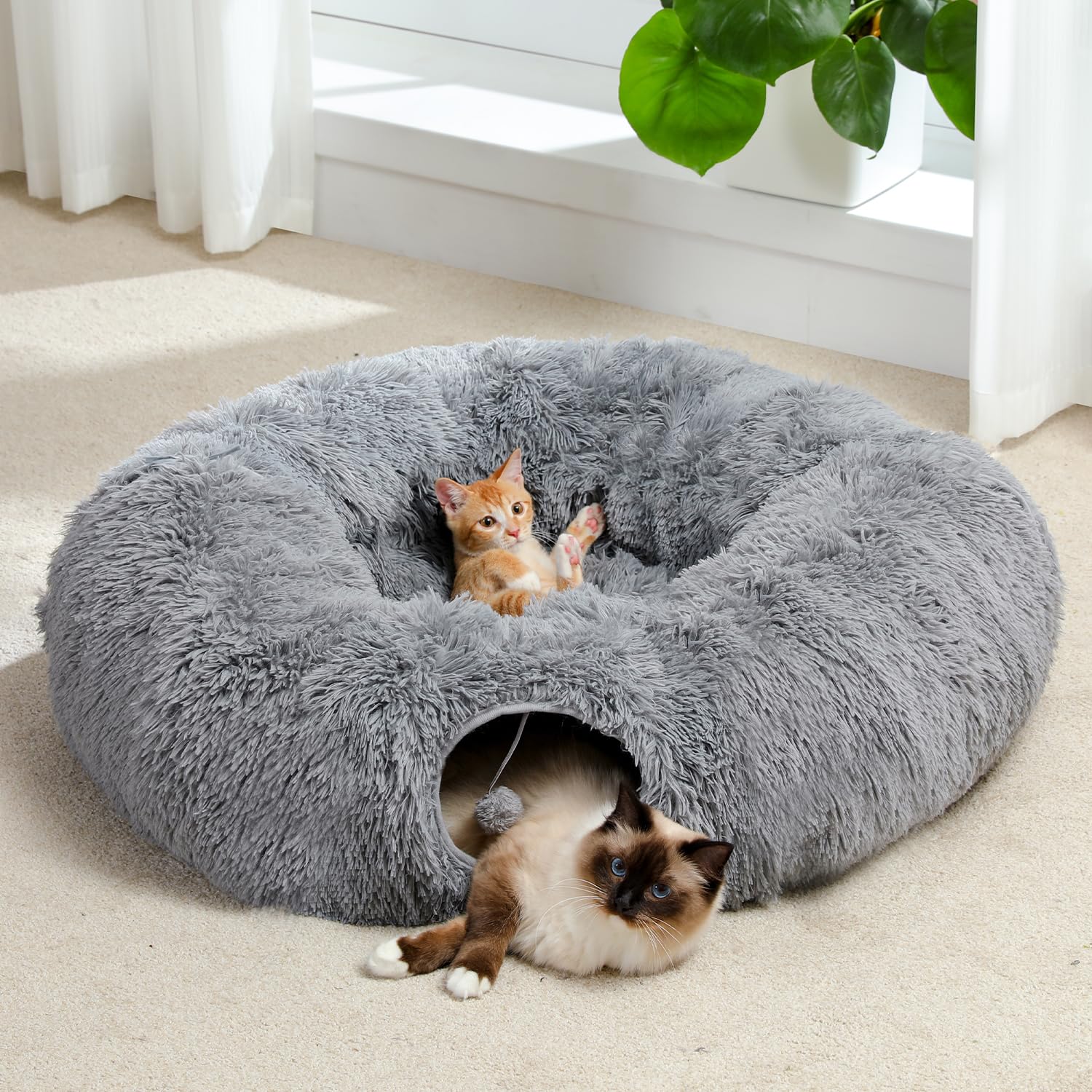 PAWZ Road Large Cat Tunnel, Cat Tunnel Bed with Central Soft Mat and Dangling Balls, Collapsible Fluffy Plush Cat Tube (9.8 Inches in Diameter) for Indoor Cats, Rabbits and Puppies