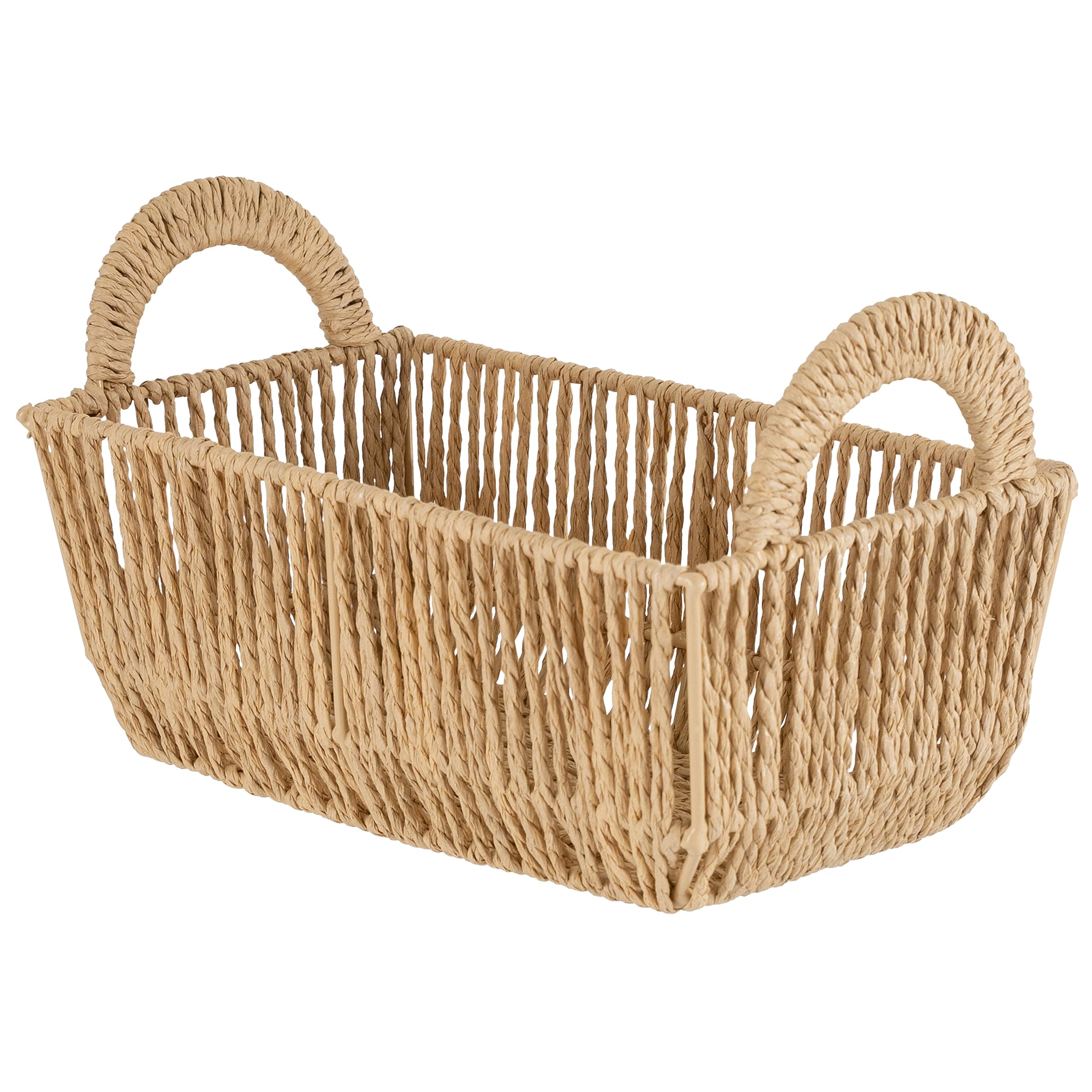 Simplify Small Shelf Storage Basket | Dimensions: 11.4"x 6.5"x4.5" | 2 Carry Handles | Vertical Weave Design | Paper Rope Material | Great for Living Spaces | Great For Storage and Display