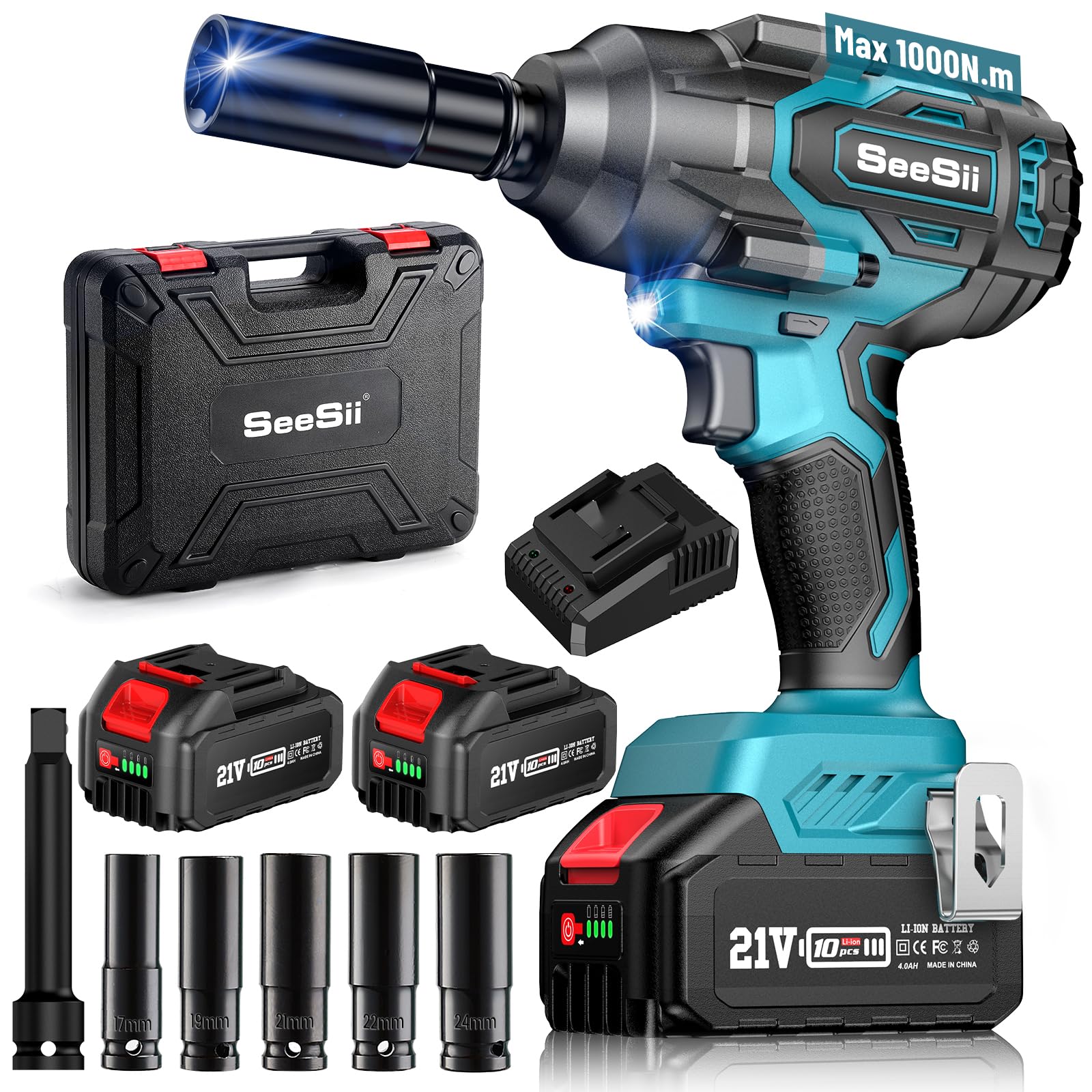 Seesii 1000Nm(738ft-lbs) Cordless Impact Wrench High Torque,1/2" Brushless Impact Gun w/Two 4.0AH Battery,Fast Charger, 5 Sockets & Storage Case, Electric Impact Wrench for Car Truck,WH760