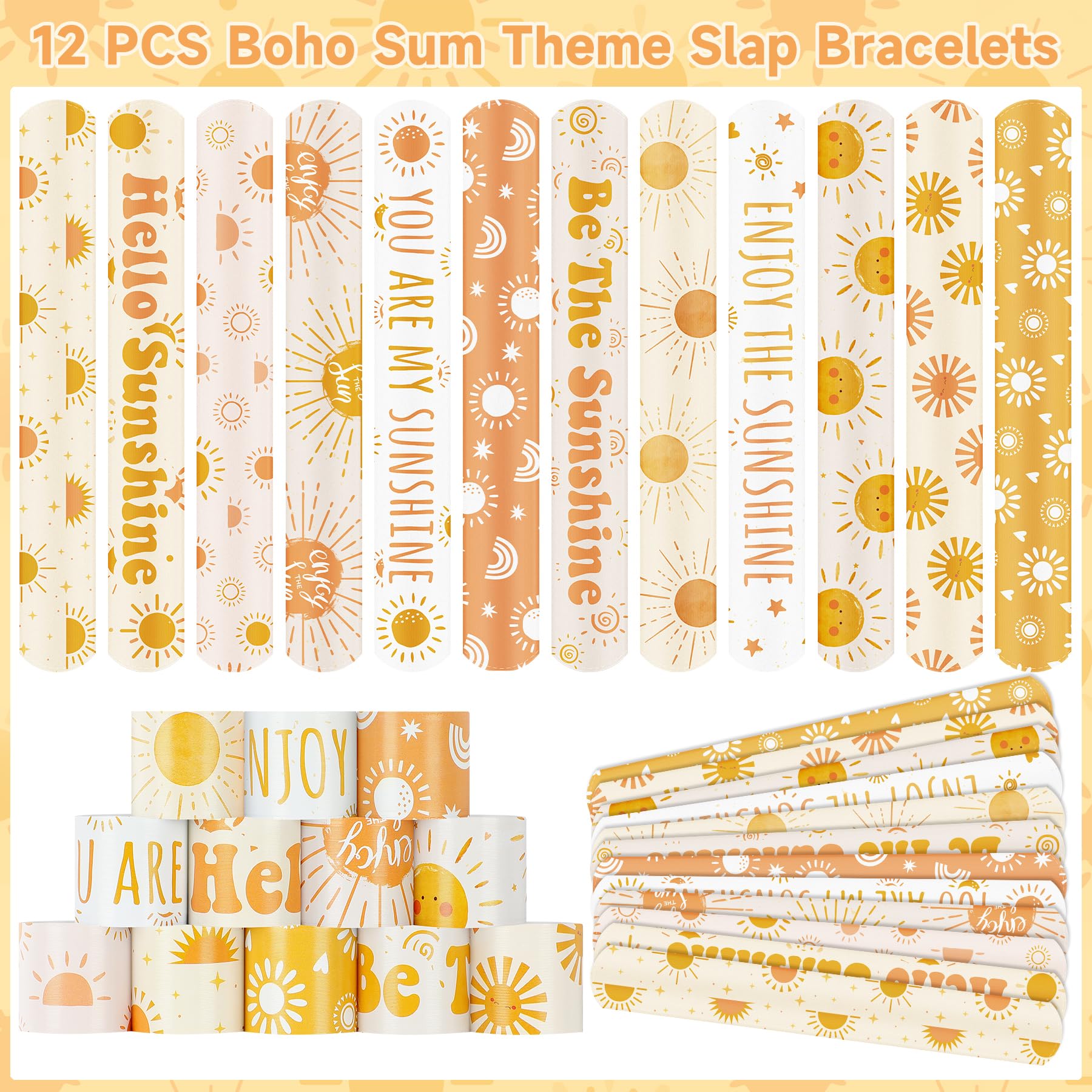 Erweicet Boho Sun Party Favors 72 PCS Sunshine Slap Bracelet Boho Rainbow Temporary Tattoos DIY Stickers Keychain Plastic Straws Gift Bags for Kids Sun Theme Birthday Party Baby Shower