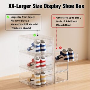 Kuject XX-Large Shoe Storage Boxes Clear Plastic Stackable, Shoe Organizer for Closet, Shoe Display Containers Rack for Sneaker, Drop Front Shoe Case with Magnetic Door 7 Pack Fit up to US Size 12