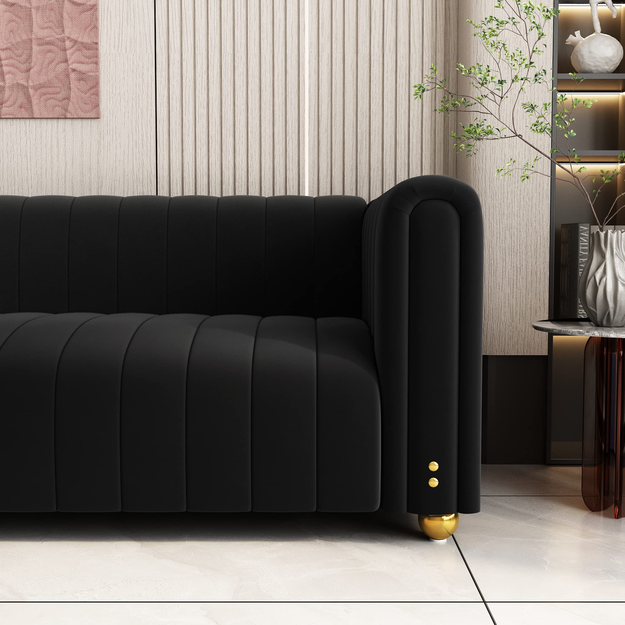 ANTTYBALE Sofa Mid Century Modern Button Tufted Velvet Living Room Couch Loveseat Sofa with Gold Metal Legs (P51-Black 2pcs)