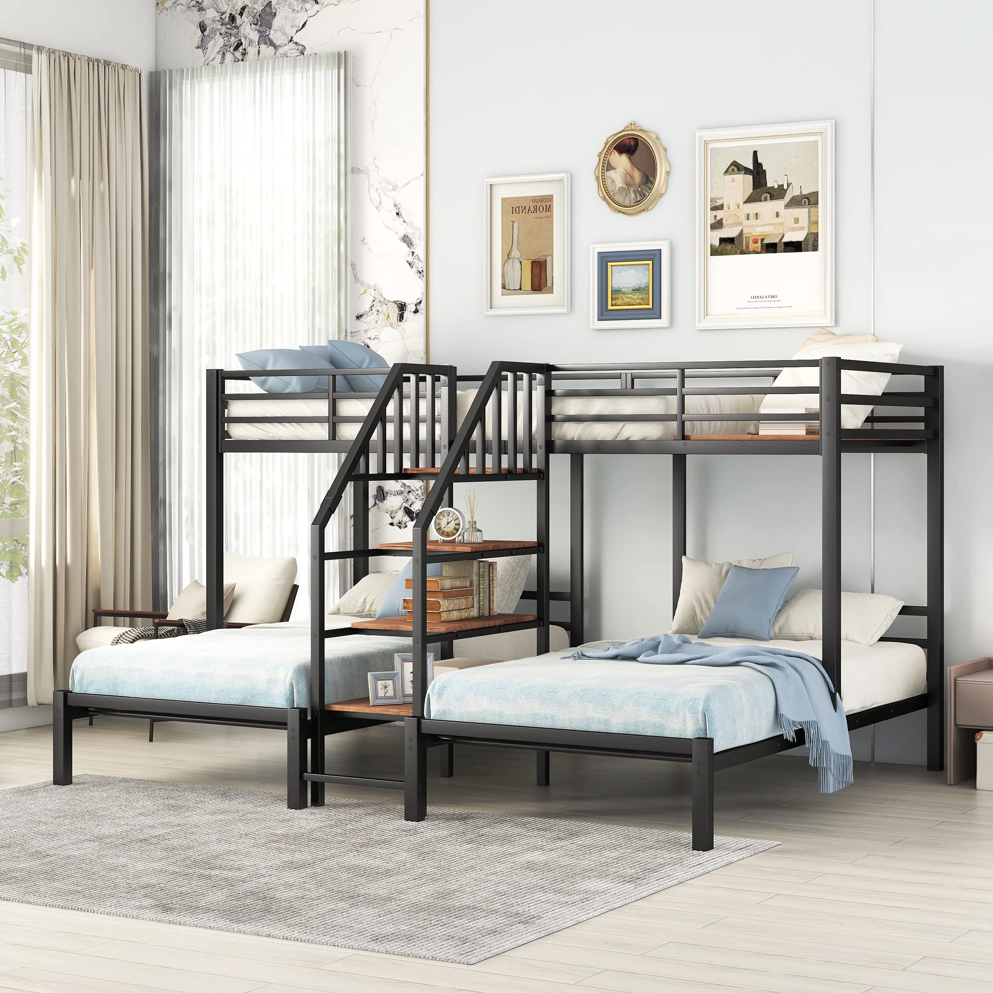 Bellemave Metal Triple Bunk Bed for 3,Twin Over Twin&Twin Size Bunk Beds with Storage Shelves Staircase,Sturdy Dorm Bed Frame for Kids/Teens/Adults,Black