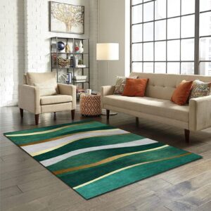 Nordic Luxury Emerald Green Gold Gray Line Living Room Rug, Modern Minimalism Stripes Bedroom Rug, Non Slip Foldable Machine Washable Non-Slip Throw Rugs for Dining Room Bedroom Floor 6.6ftx5.3ft