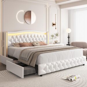 hifit queen smart led platform bed frame with 4 storage drawers, crystal button-tufted & stainless gold trim wingback headboard/modern pu upholstered white /no box spring needed/easy assembly