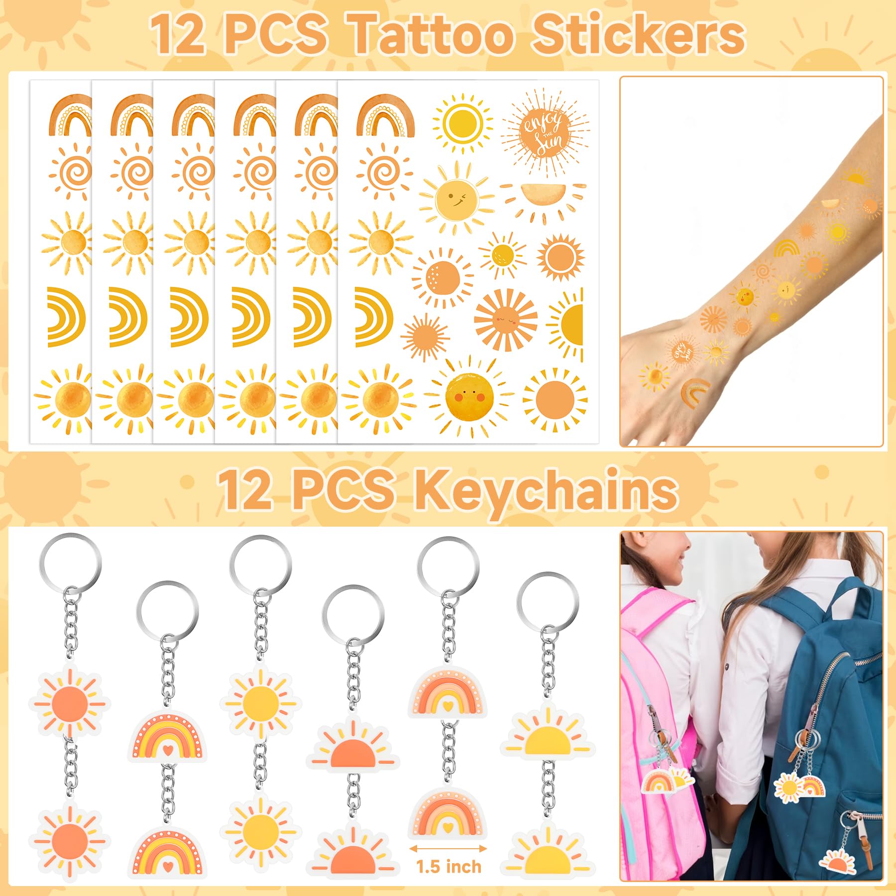 Erweicet Boho Sun Party Favors 72 PCS Sunshine Slap Bracelet Boho Rainbow Temporary Tattoos DIY Stickers Keychain Plastic Straws Gift Bags for Kids Sun Theme Birthday Party Baby Shower