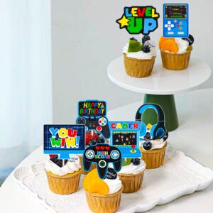 Video Game Cupcake Toppers 36pcs Game Party Cupcake Picks Game On Controllers Cake Picks Gamepad Birthday Party Decoration for Game Theme Baby Shower Supplies(Blue)