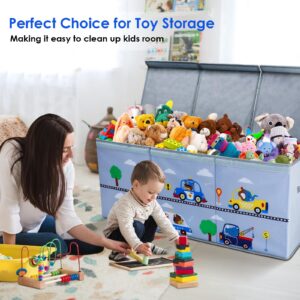 Extra Large Toy Box Chest with Flip Lid for Kids, Collapsible Oxford Toy Storage Box with Handles for Boys, Sturdy Waterproof Toy Box for Bedroom Playroom, 37.7×12.5×15.7 Inch (Animal Cars)