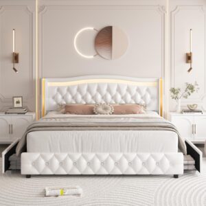 HIFIT Queen Smart LED Platform Bed Frame with 4 Storage Drawers, Crystal Button-Tufted & Stainless Gold Trim Wingback Headboard/Modern PU Upholstered White /No Box Spring Needed/Easy Assembly