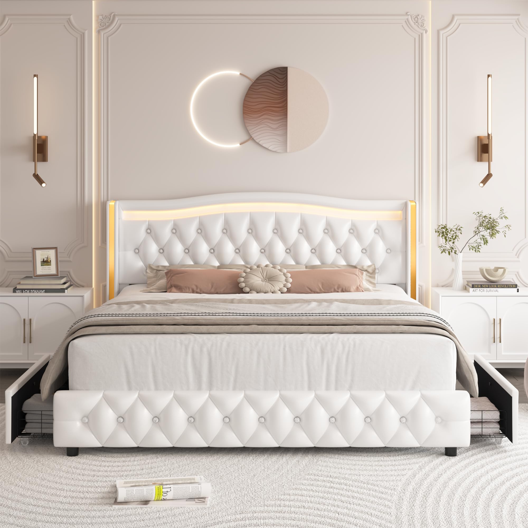 HIFIT Queen Smart LED Platform Bed Frame with 4 Storage Drawers, Crystal Button-Tufted & Stainless Gold Trim Wingback Headboard/Modern PU Upholstered White /No Box Spring Needed/Easy Assembly