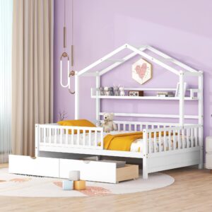 DEINPPA Full House Bed with Drawers, Kids Bed with Shelf and Fence Guardrails, Wood Bed Frame with Decorative Roof Designs, No Box Spring Needed, for Boys Girls Toddler Kids-White