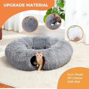 PAWZ Road Large Cat Tunnel, Cat Tunnel Bed with Central Soft Mat and Dangling Balls, Collapsible Fluffy Plush Cat Tube (9.8 Inches in Diameter) for Indoor Cats, Rabbits and Puppies