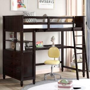 bellemave twin loft bed with desk and storage drawers, wood loft bed frame with dresser and ladder for kids adults boys girls teens, espresso