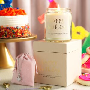 Birthday Gifts for Women, Mom Birthday Gifts, Luxury Soy Candle with Sterling Silver CZ Halo Necklace & Jewelry Pouch - Happy Birthday Candles, Vanilla Birthday Cake Scent, Unique Birthday Gifts Set