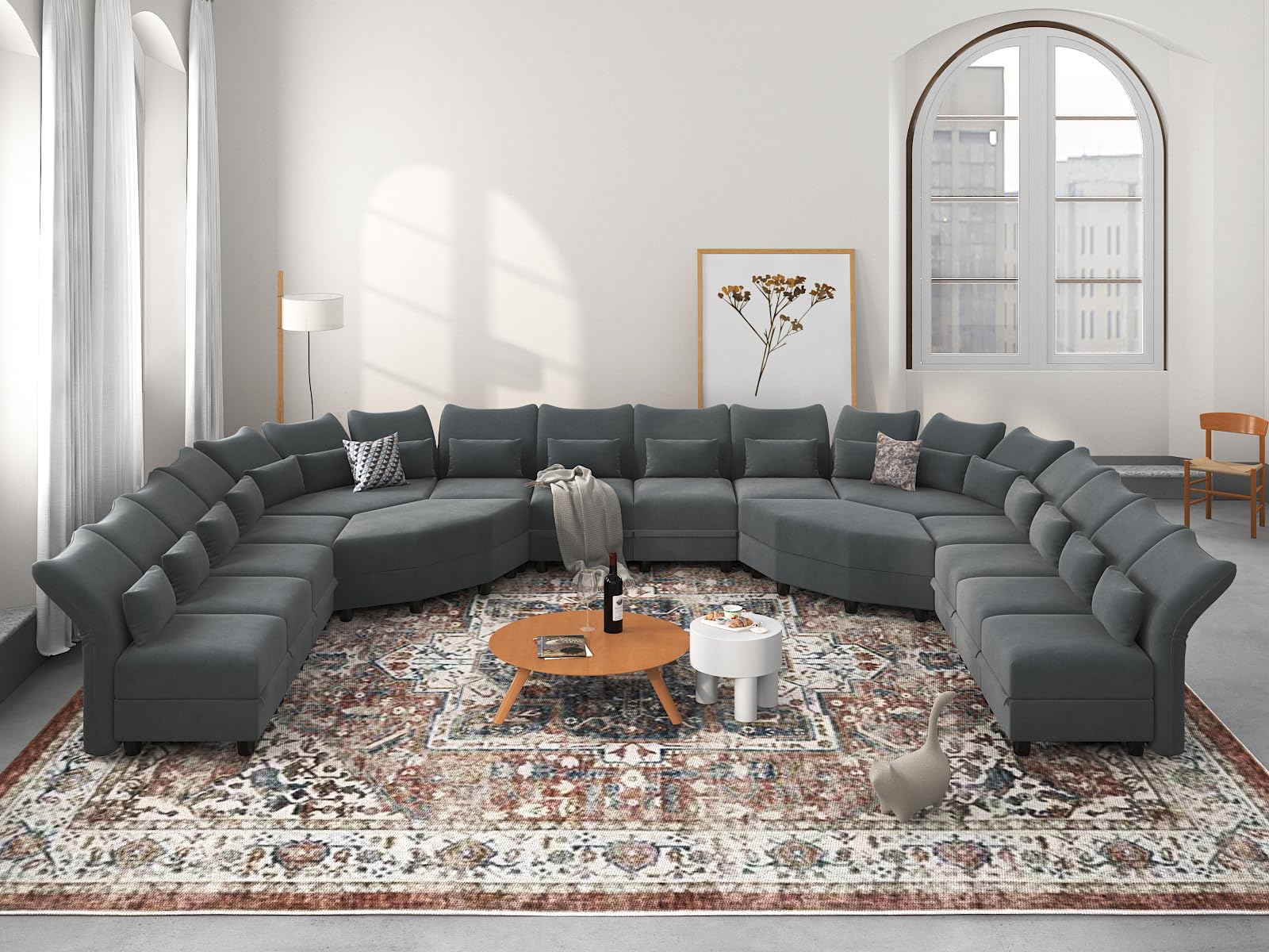 LLappuil Oversized Modular Sectional Sofa 214.6" 16-Seater U Shaped Couch with Large Storage Chaise, Velvet High Back Recliner Couches with Big Ottoman for Living Room, Grey