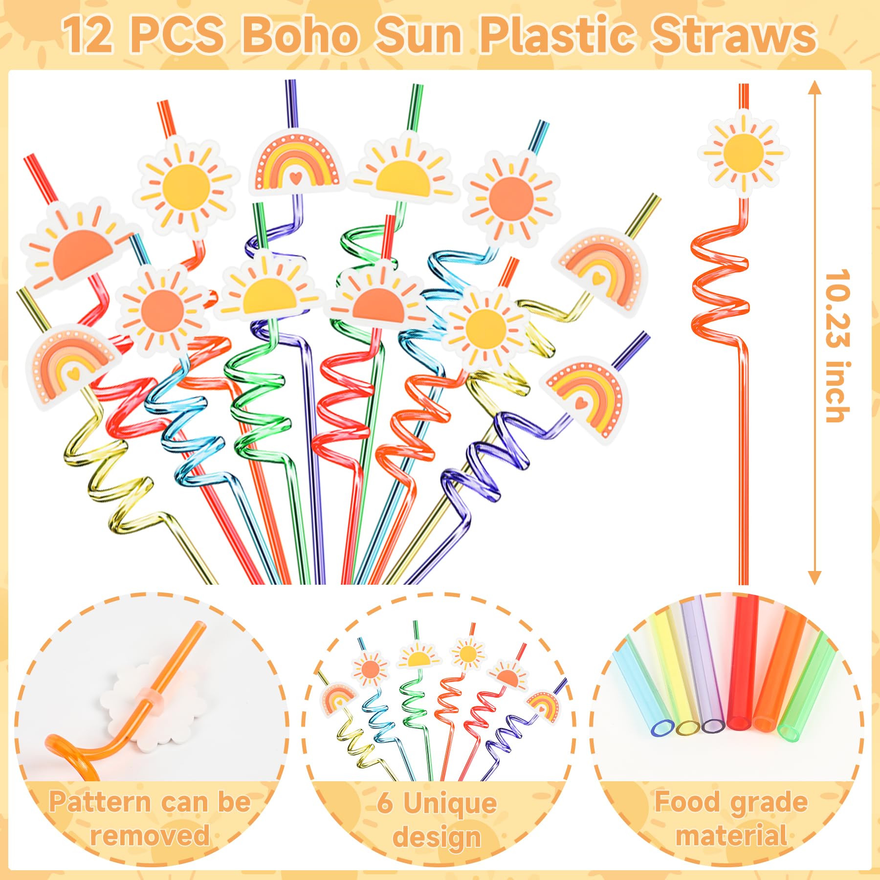 Erweicet Boho Sun Party Favors 72 PCS Sunshine Slap Bracelet Boho Rainbow Temporary Tattoos DIY Stickers Keychain Plastic Straws Gift Bags for Kids Sun Theme Birthday Party Baby Shower