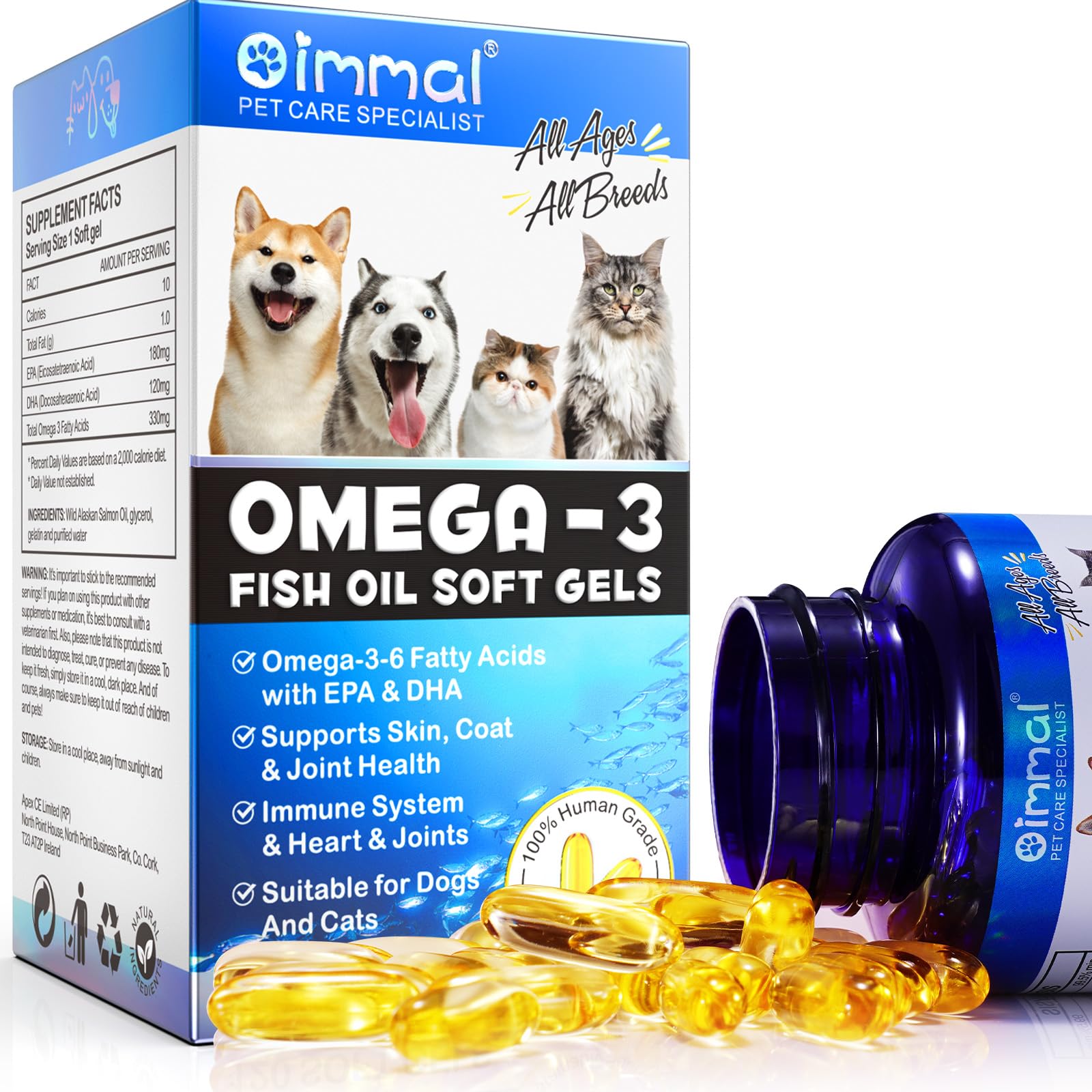 Omega-3 Pet, Salmon Oil Soft Gels for Dogs and Cats (120pcs)- Skin and Coat Health Supplement with EPA & DHA Fatty Acids, Omega-3 Fish Oil Pills Treats for Pet Shedding, Skin Allergy, Itch Relief