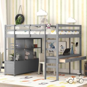 Full Size Loft Bed with Desk and Storage Drawers, Wood Loft Beds Frame with Bookcase and Shelves for Dorm Bedroom, High Loft Bed for Kids Adults Boys Girls Teens, Gray