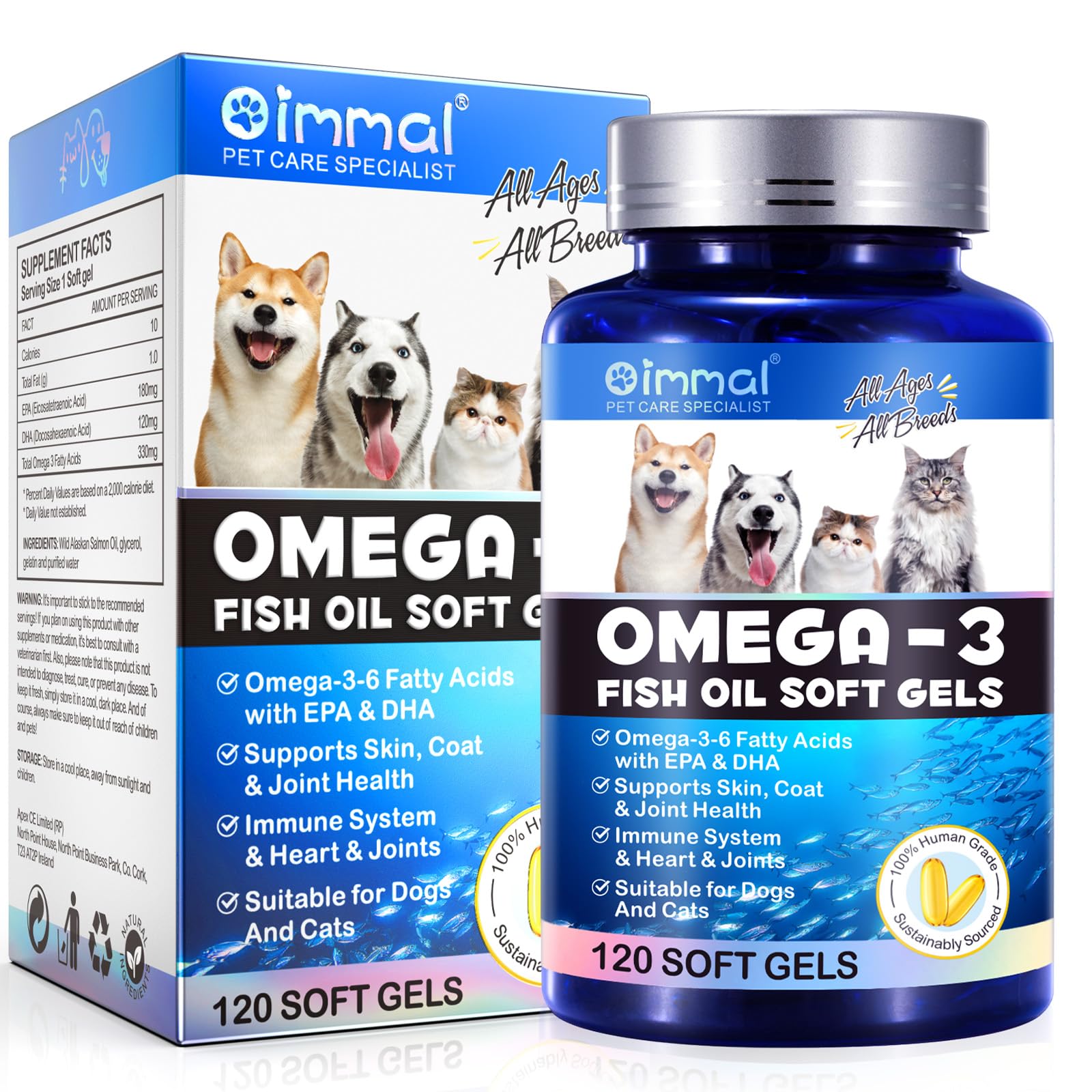 Omega-3 Pet, Salmon Oil Soft Gels for Dogs and Cats (120pcs)- Skin and Coat Health Supplement with EPA & DHA Fatty Acids, Omega-3 Fish Oil Pills Treats for Pet Shedding, Skin Allergy, Itch Relief