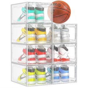 kuject xx-large shoe storage boxes clear plastic stackable, shoe organizer for closet, shoe display containers rack for sneaker, drop front shoe case with magnetic door 7 pack fit up to us size 12