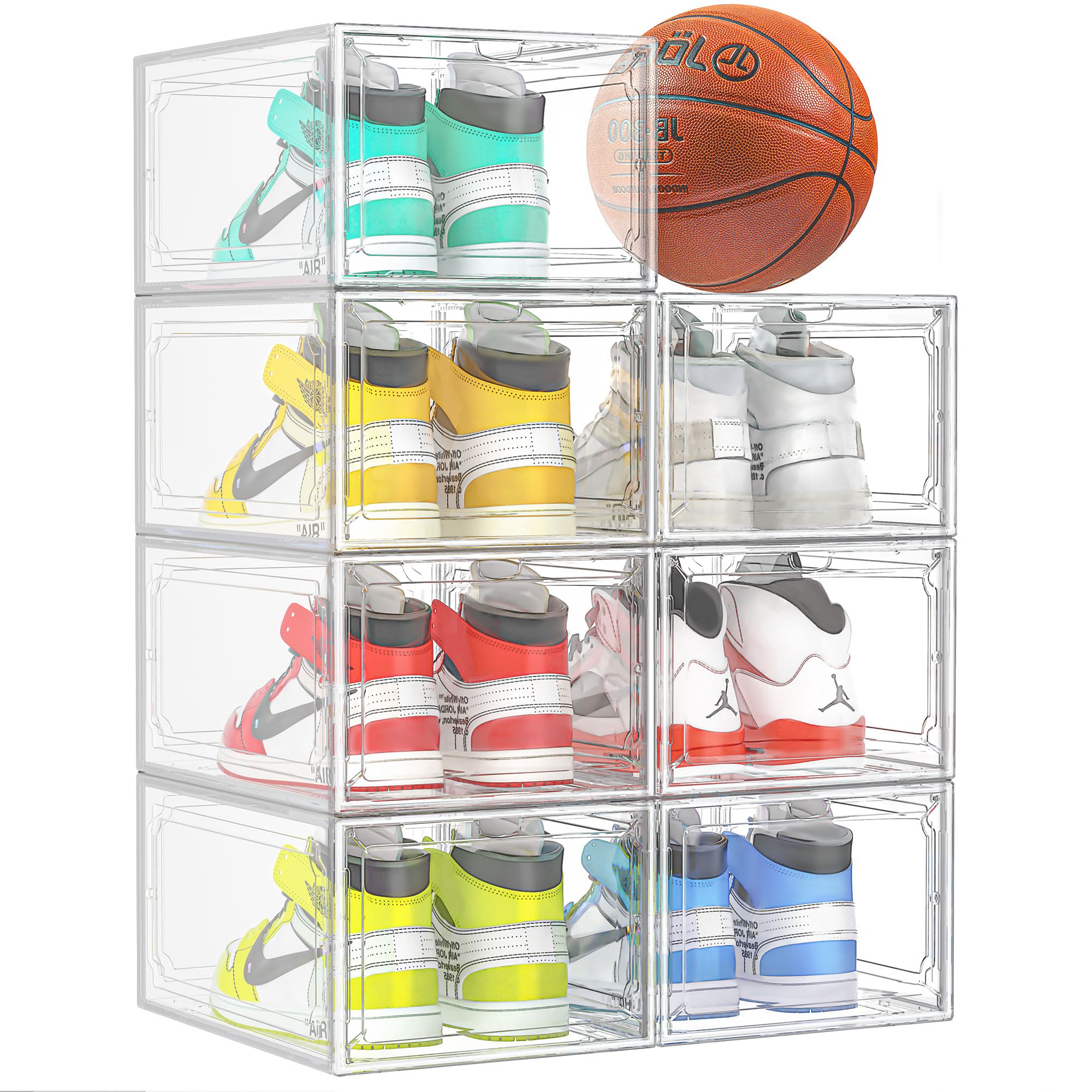 Kuject XX-Large Shoe Storage Boxes Clear Plastic Stackable, Shoe Organizer for Closet, Shoe Display Containers Rack for Sneaker, Drop Front Shoe Case with Magnetic Door 7 Pack Fit up to US Size 12